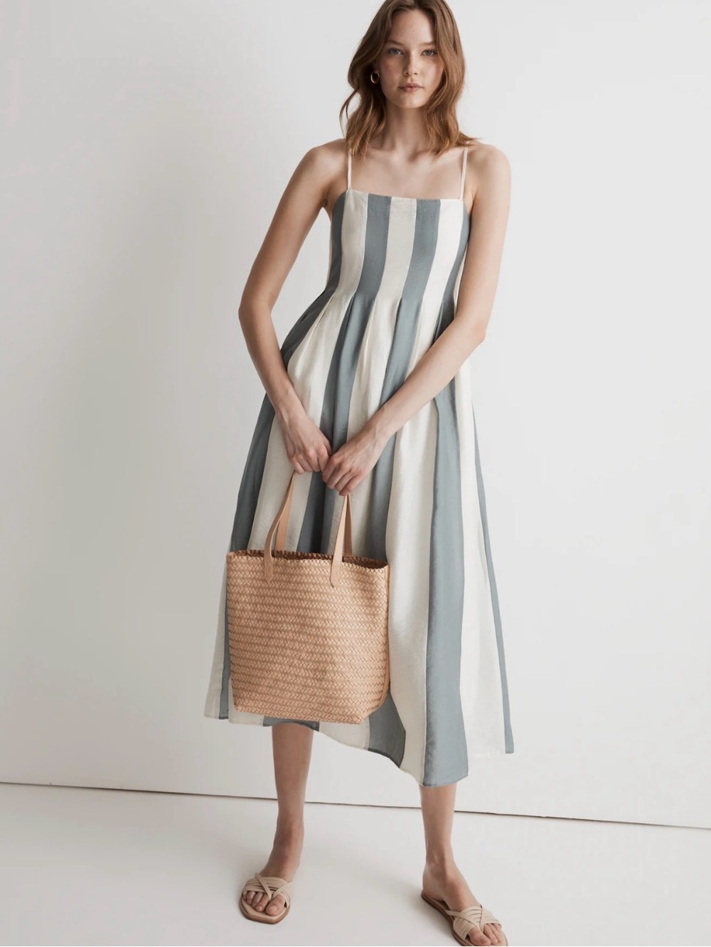 Madewell Pleated Stripe Cotton Poplin Midi Dress NWT Size 00